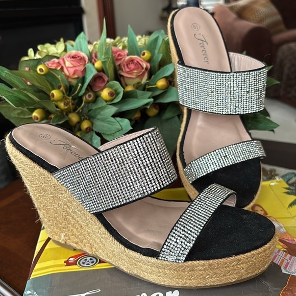 Brand New Black & Silver Crystal Rhinestone Wedge Sandals Sparkly Sexy 4.5” Heel - Picture 16 of 16